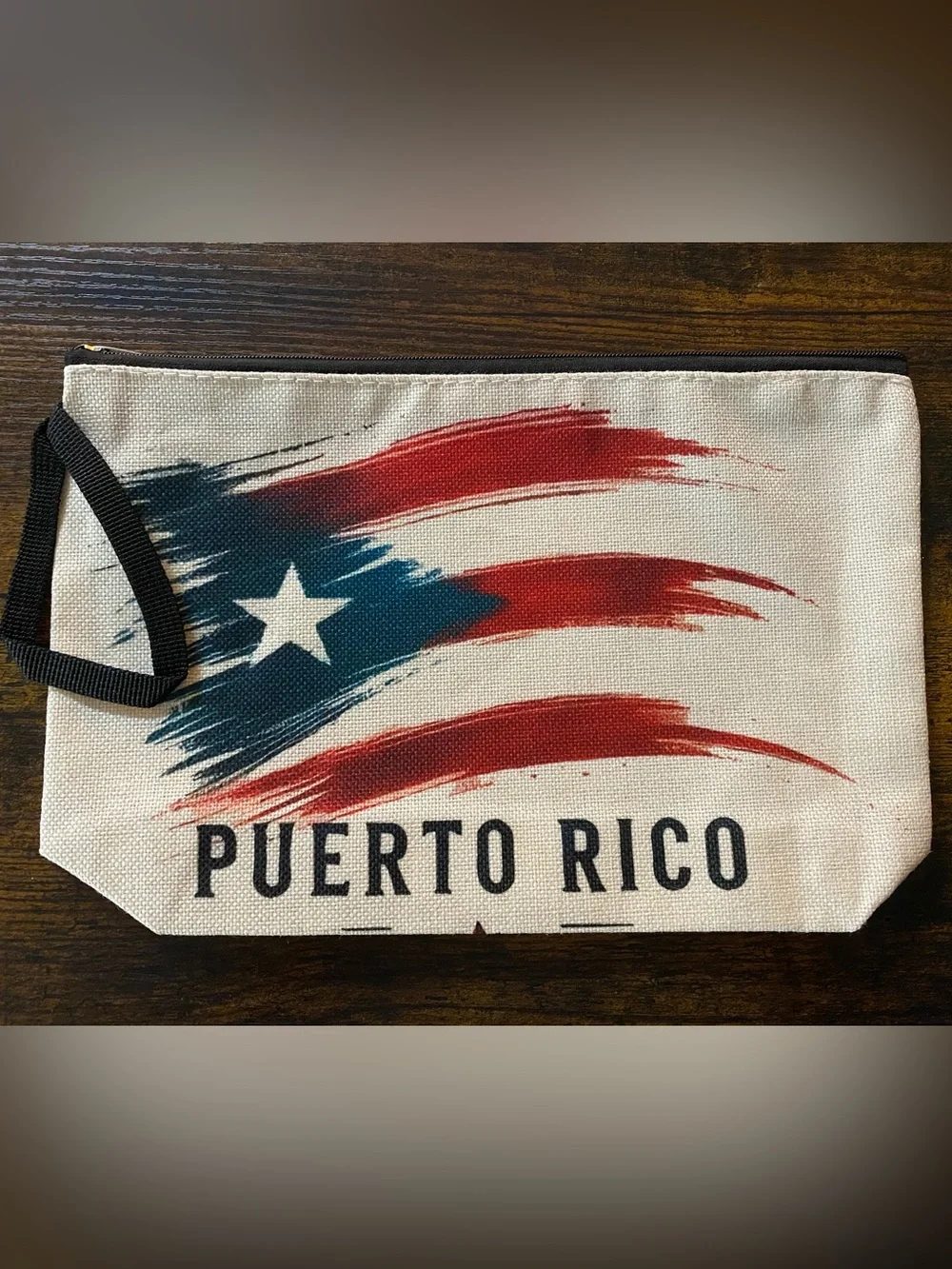 Puerto Rico Canvas Cosmetic Bag - White with Red & Blue Flag Design